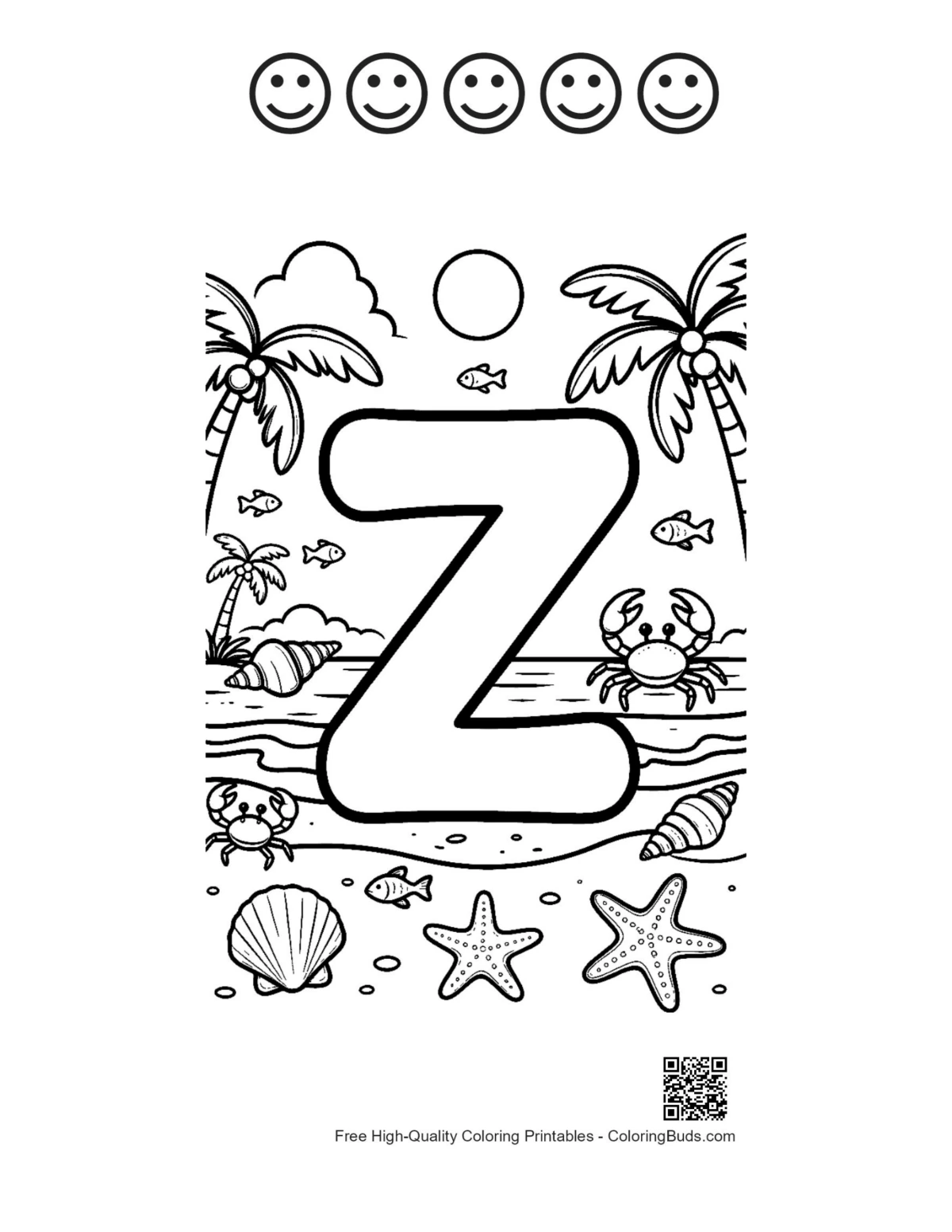 Tropical beach letter Z with happy faces printable