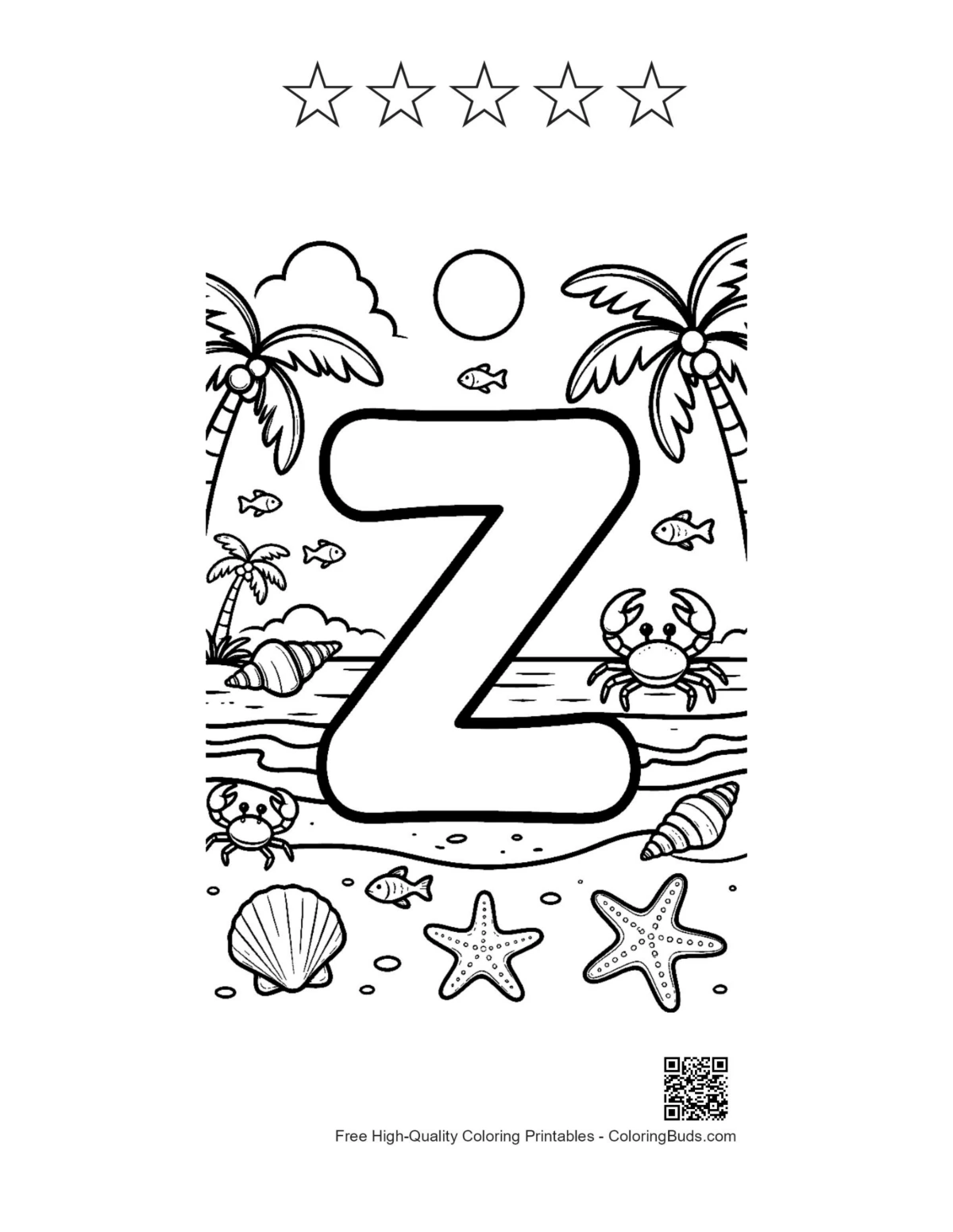 Tropical beach letter Z with 5 star outlines