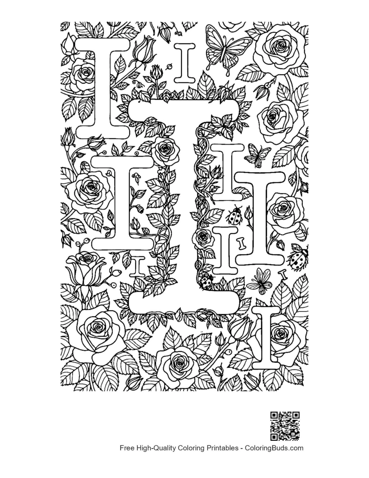Vintage patterned Letter I coloring sheet printable