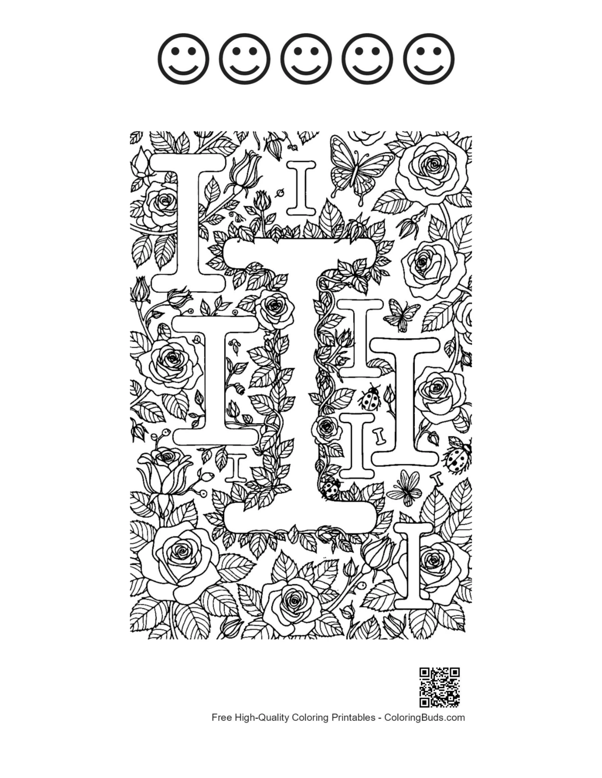 Vintage Letter I sheet with 5 happy face outlines