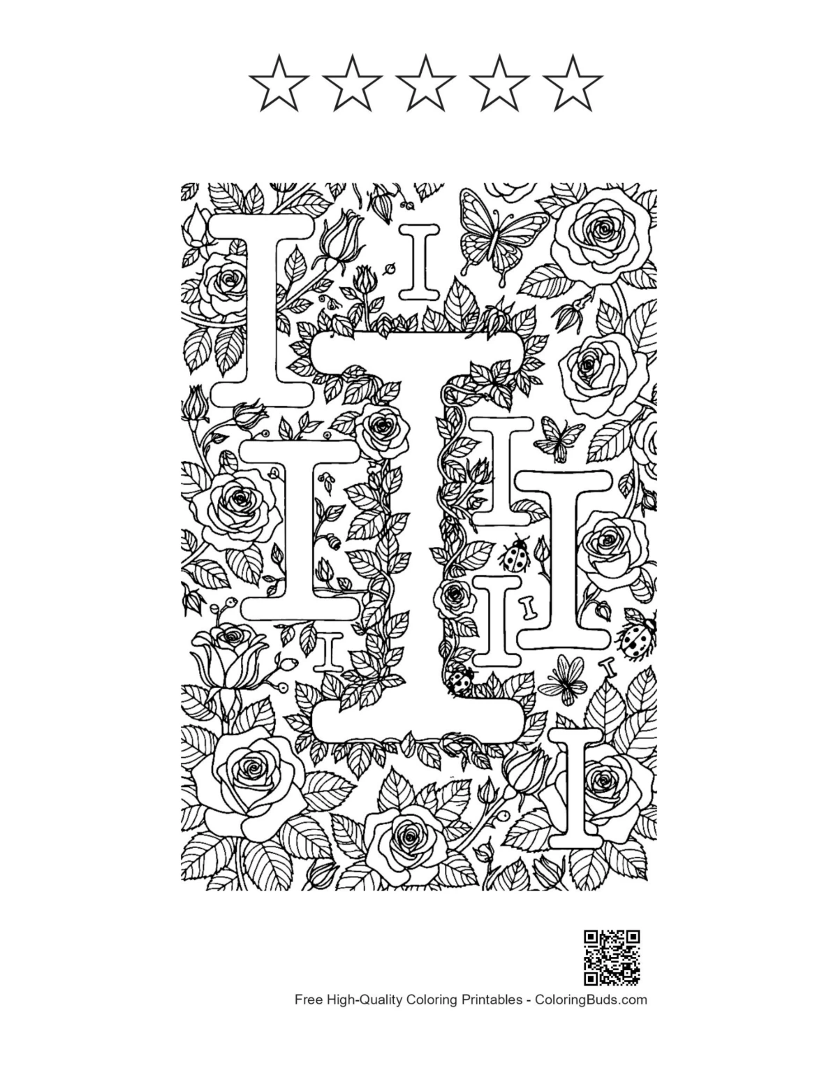 Vintage Letter I coloring page with 5 star outlines