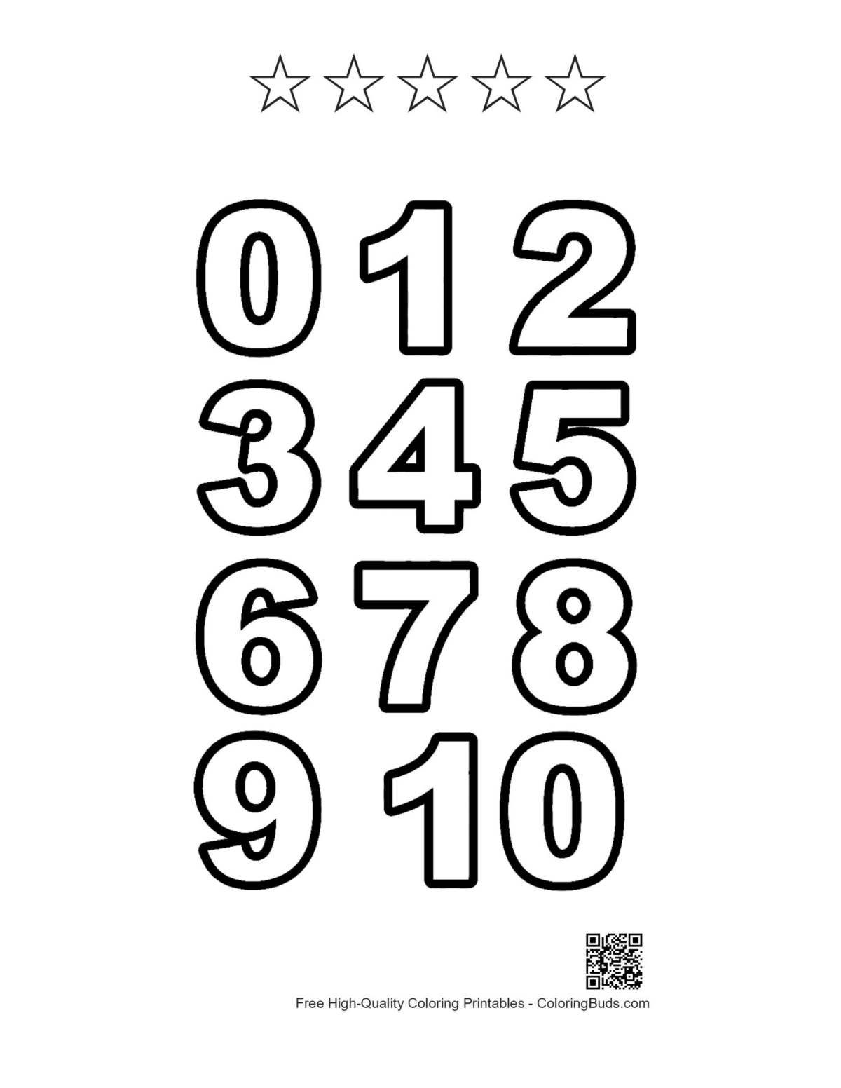 Color by number page with 5 star outlines numbers 1-10