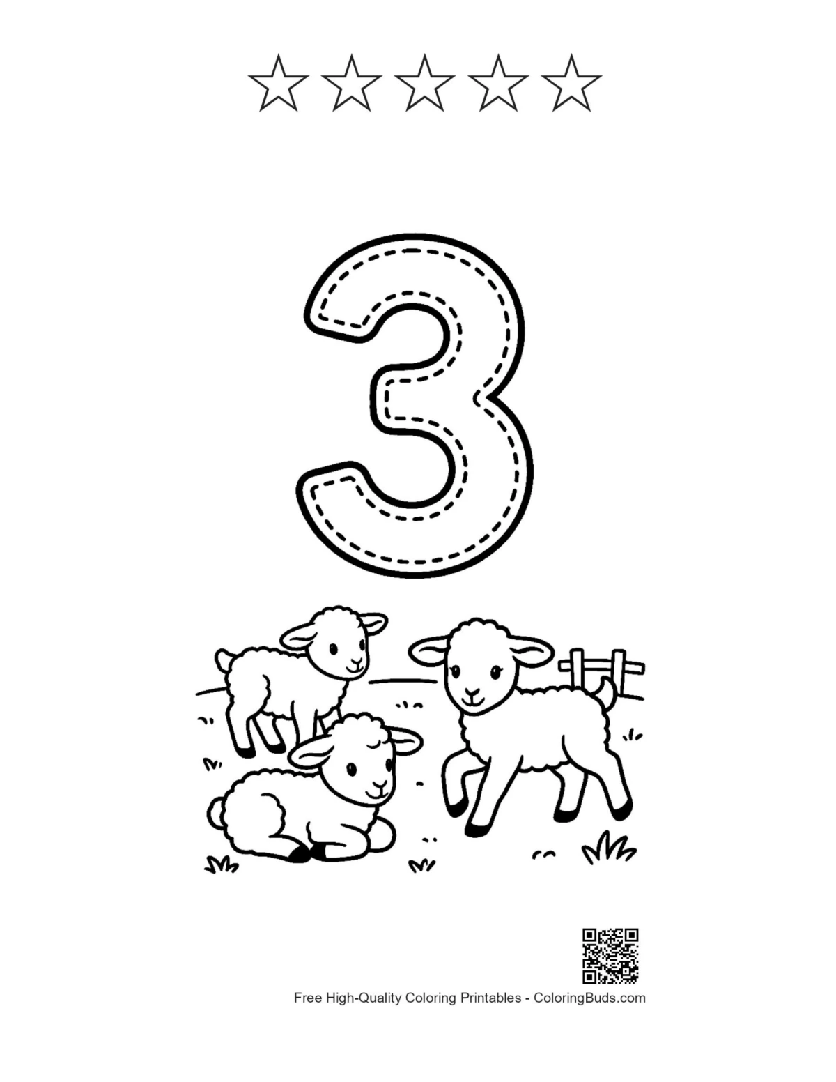 Fluffy lambs number 3 printable with star outlines
