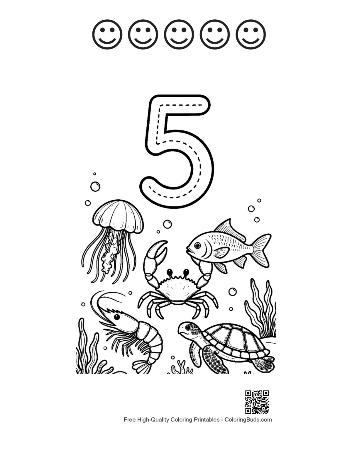 Number 5 worksheet crabs turtles happy faces printable