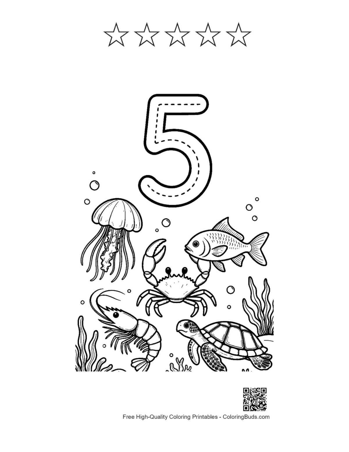 Counting number 5 sheet crabs turtles star outlines
