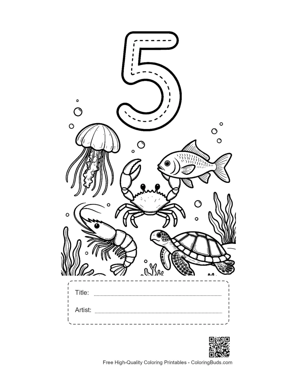 Number 5 counting printable with crabs turtles title box
