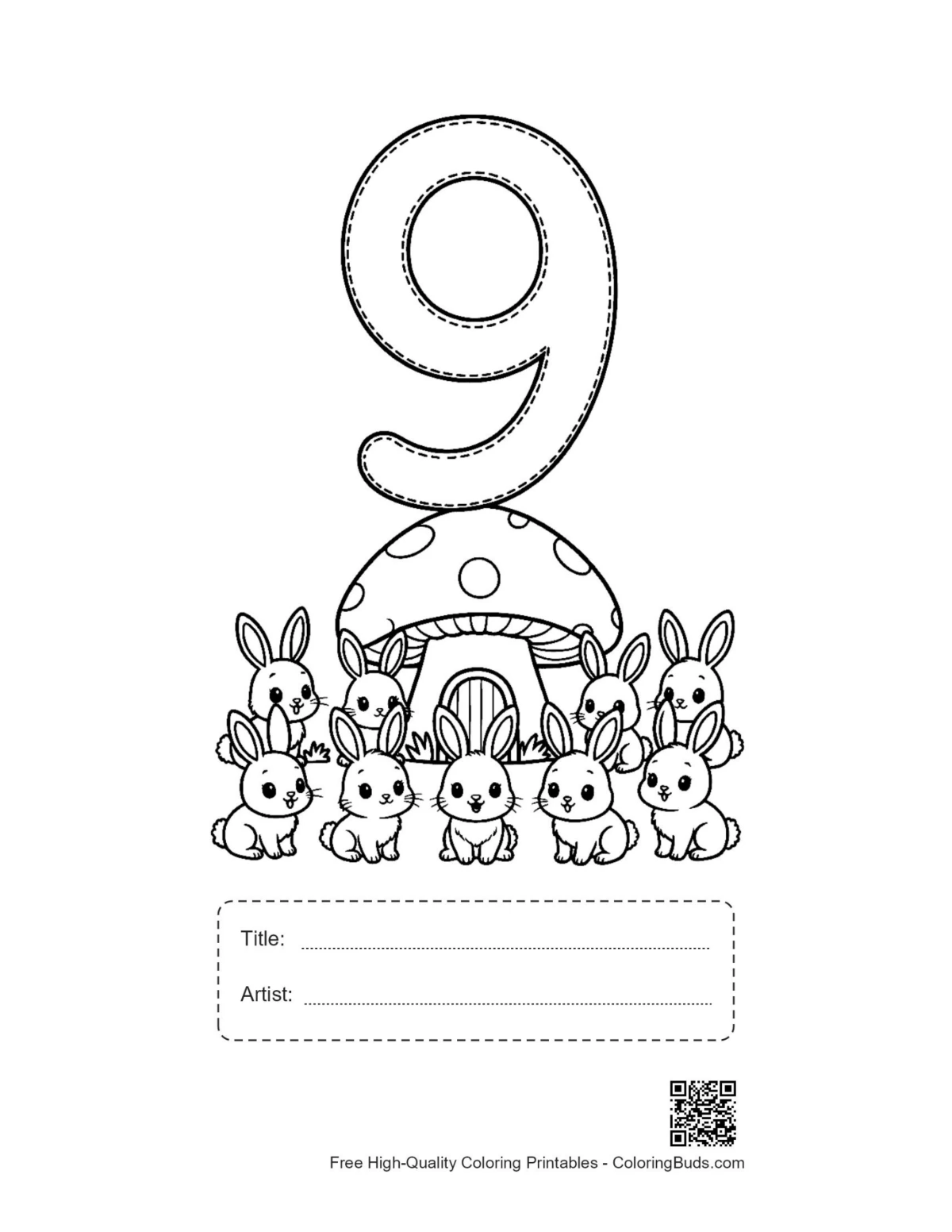 Rabbits counting 9 worksheet with title and artist box