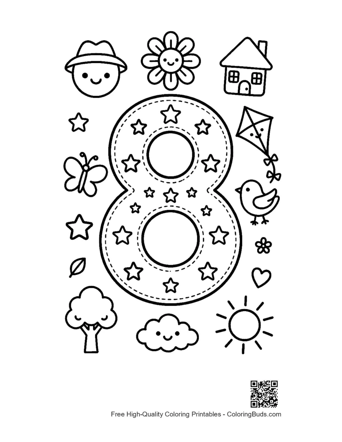 Decorative number 8 coloring page with patterns printable