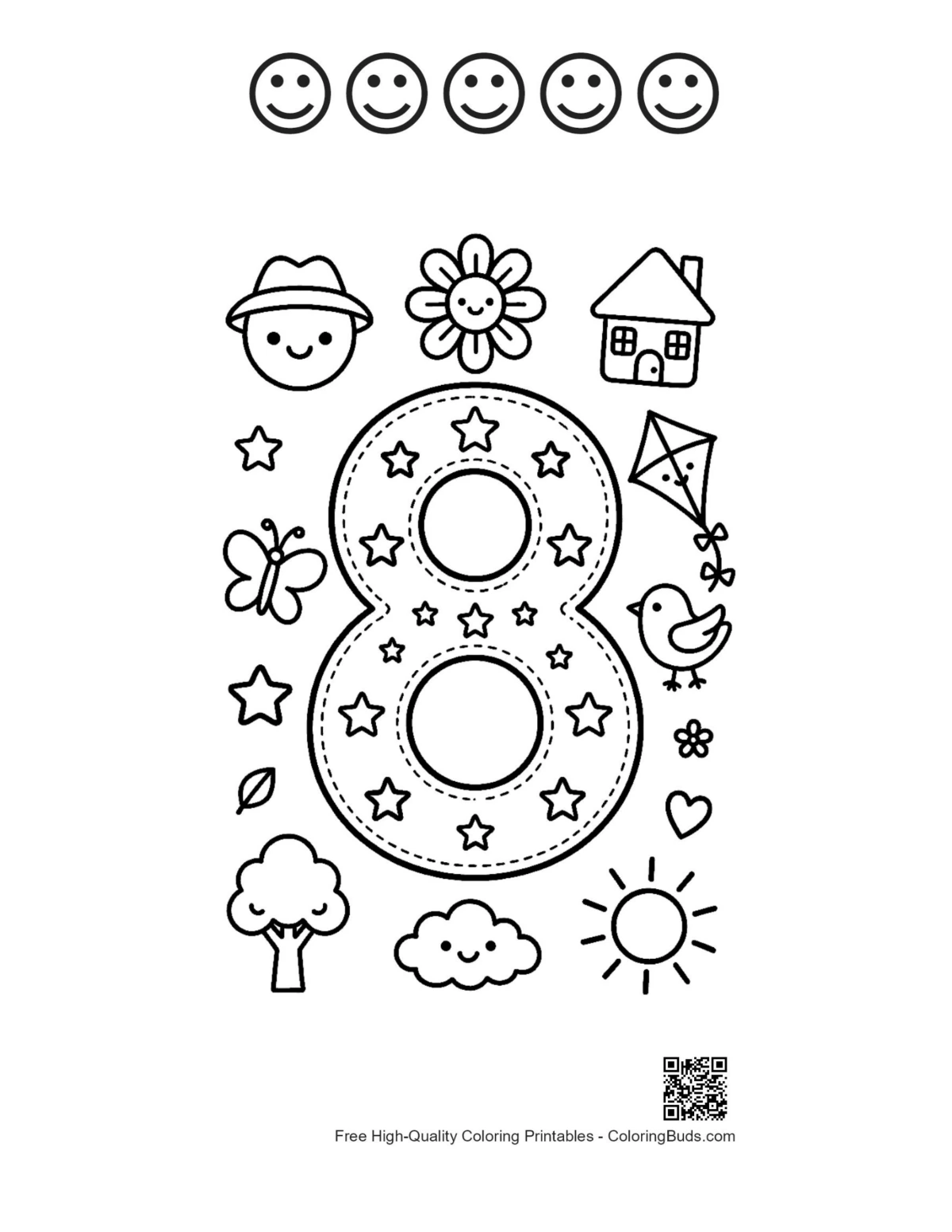 Decorative number 8 with happy faces and patterns printable