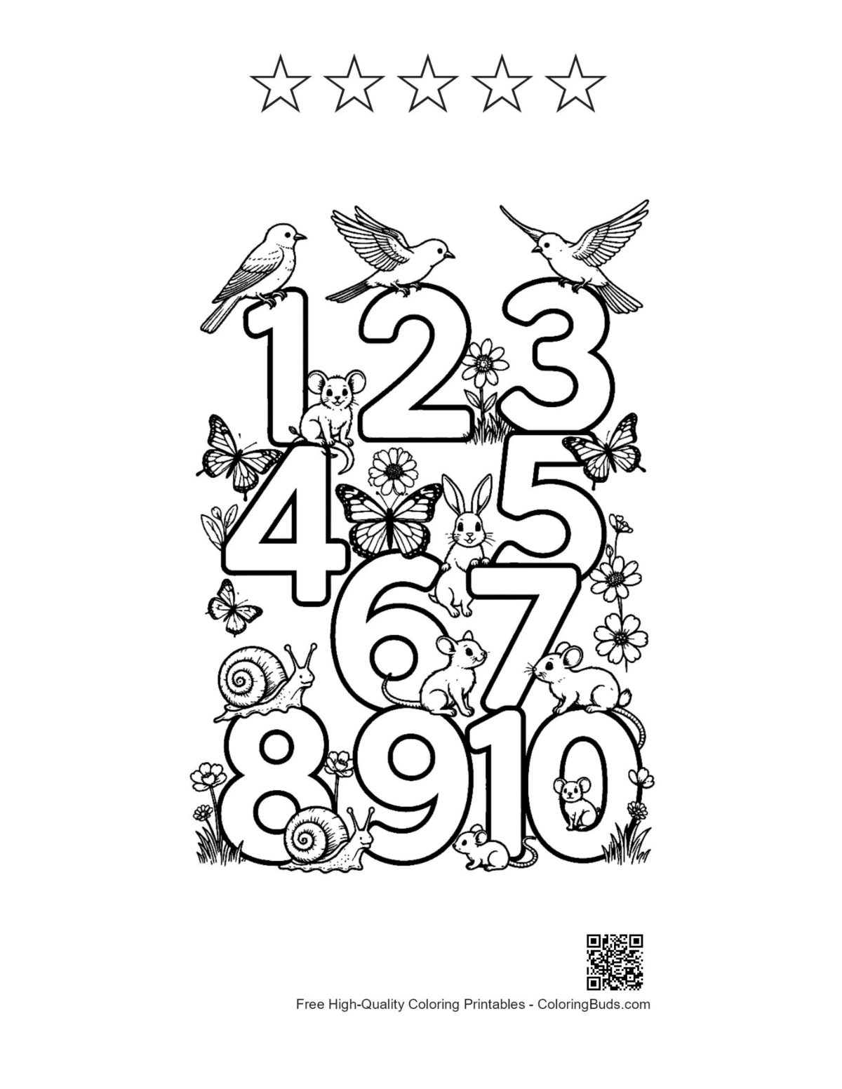 Number 1-10 worksheet with 5 star outlines