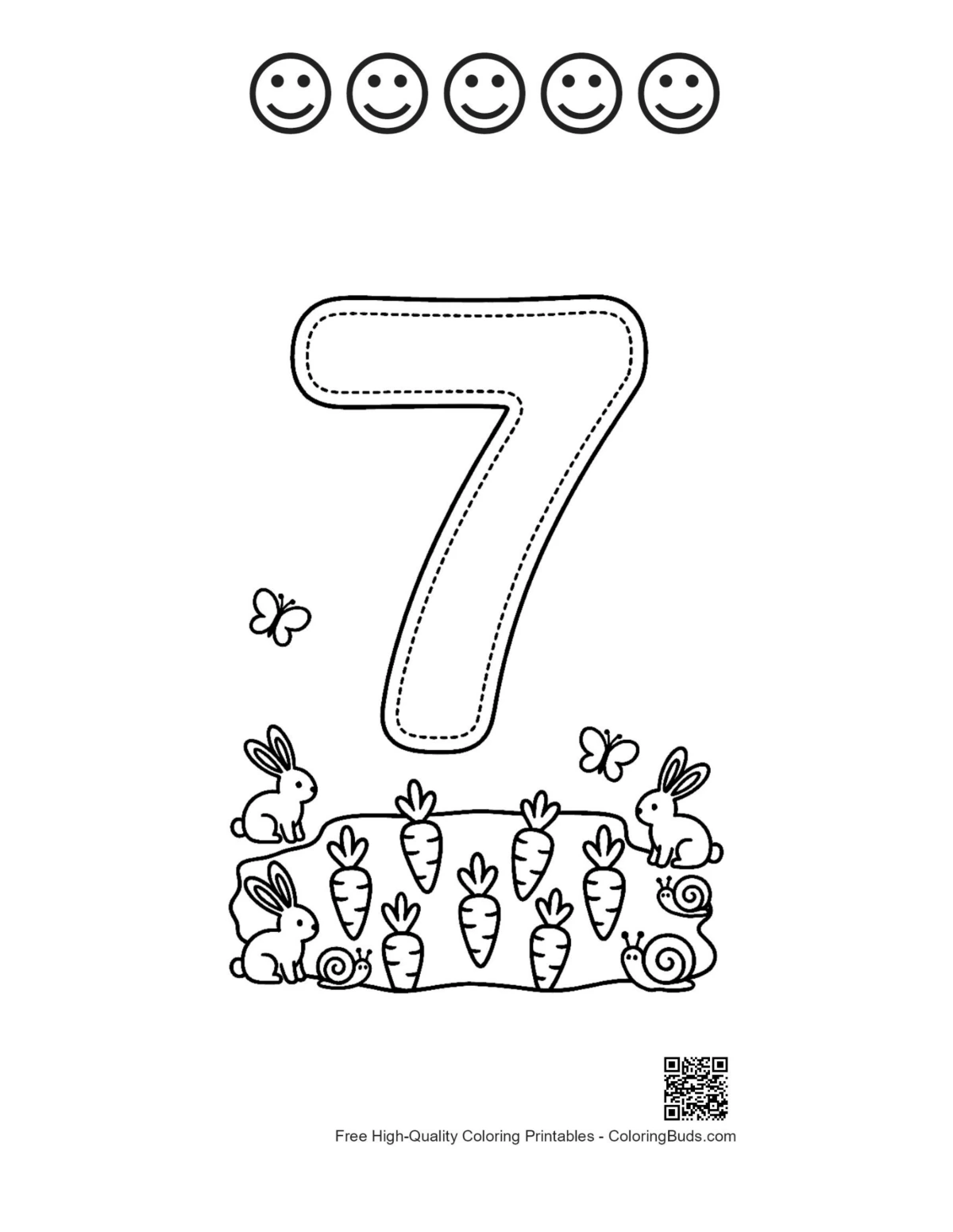 Number 1-10 sheet with 5 happy face outlines