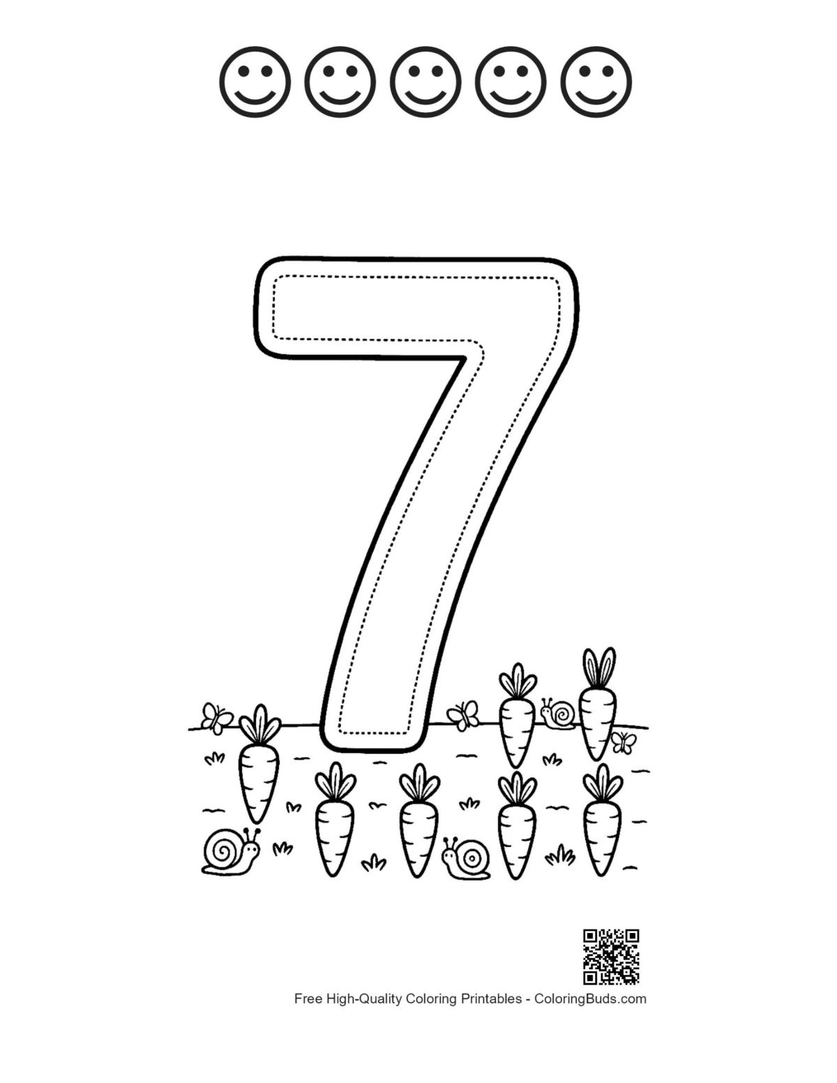 Numbers 1-10 to color with 5 happy face outlines