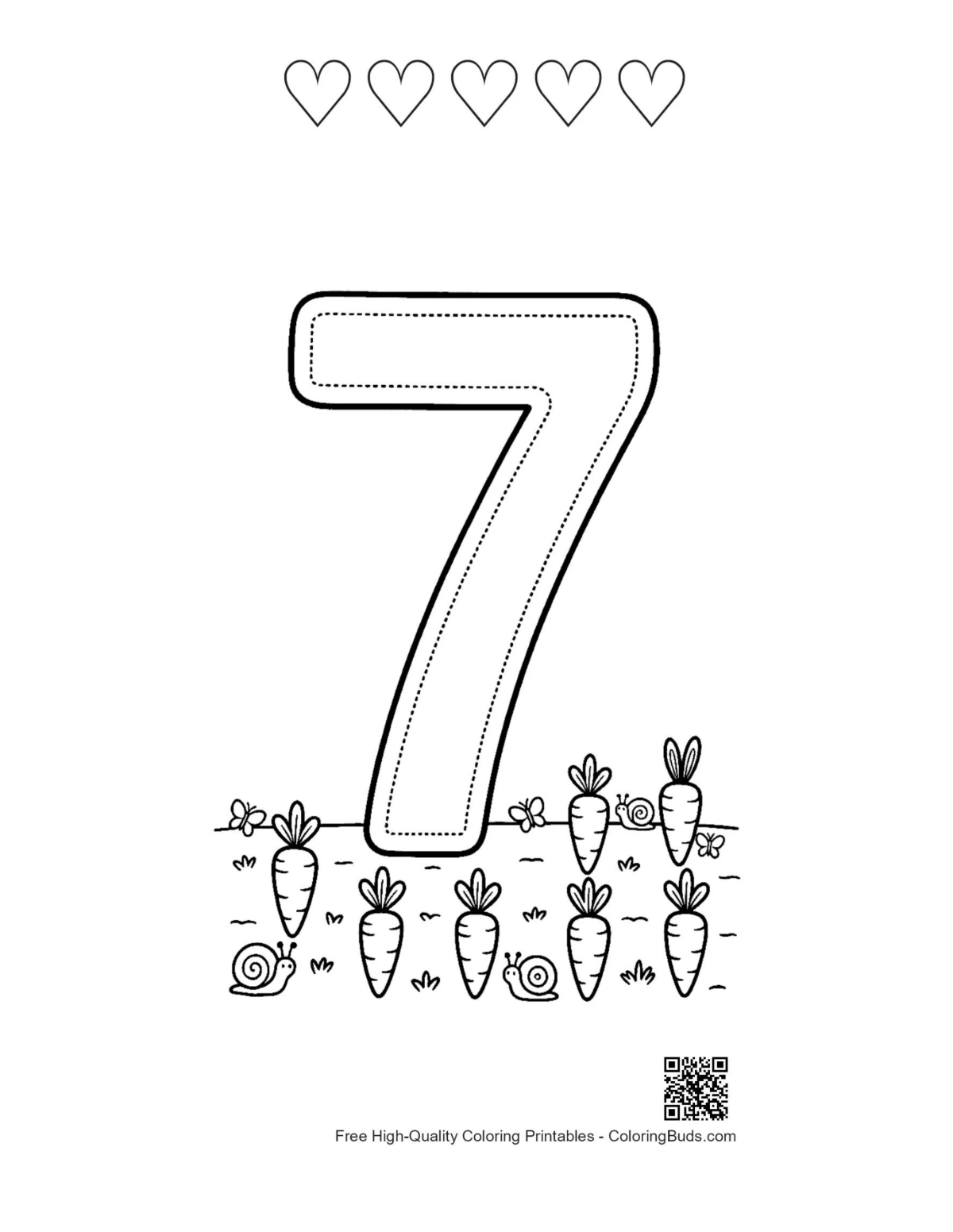 Number 1-10 printable coloring with 5 heart outlines