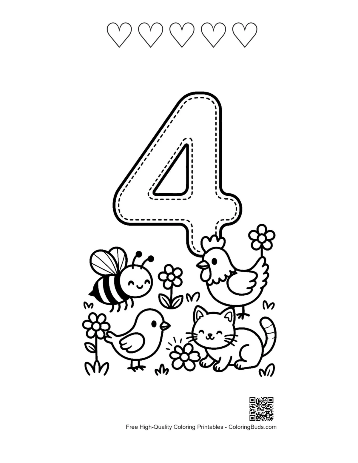 Printable Number 4 chicken kittens with heart outlines