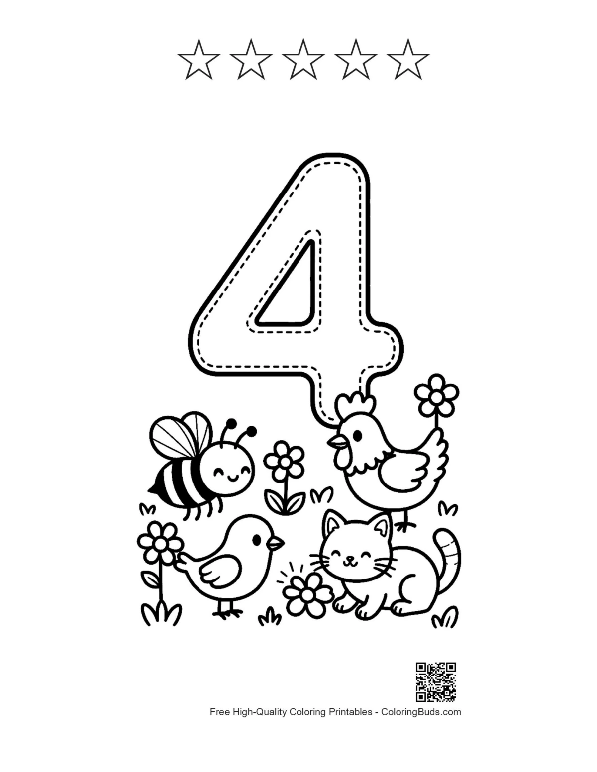 Number 4 coloring page chicken kittens with 5 stars