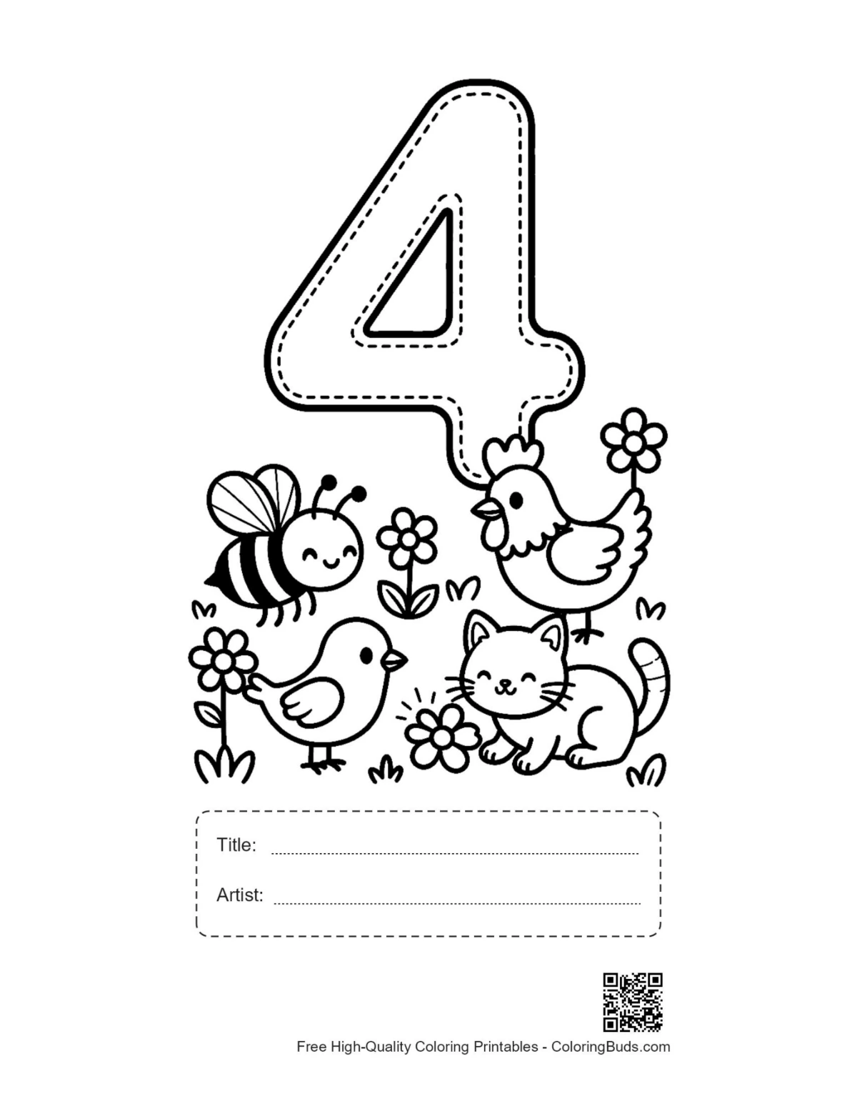 Number 4 printable with chicken, kittens, title, artist box