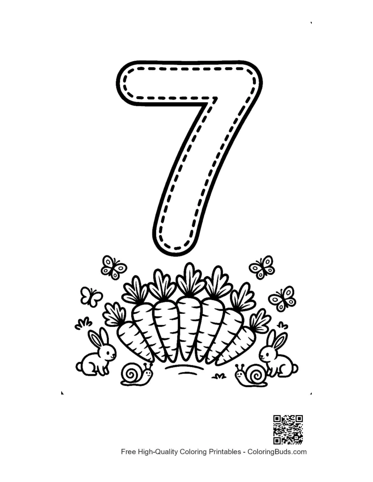 Printable number 7 coloring page with seashell ocean life