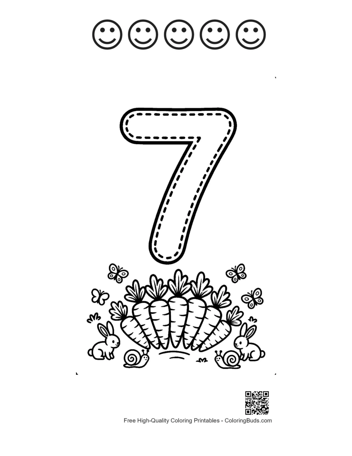Number 7 seashell coloring page with happy faces outline