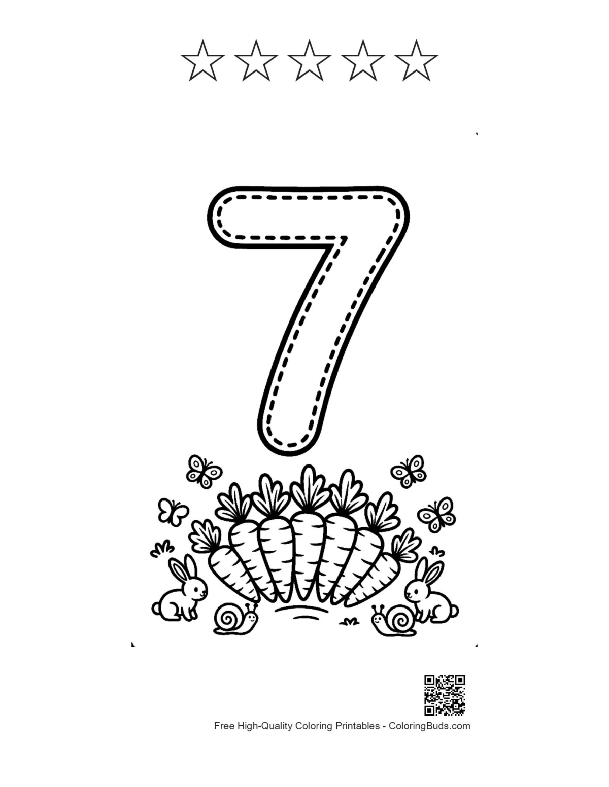 Number 7 coloring page seashell ocean with 5 stars outline
