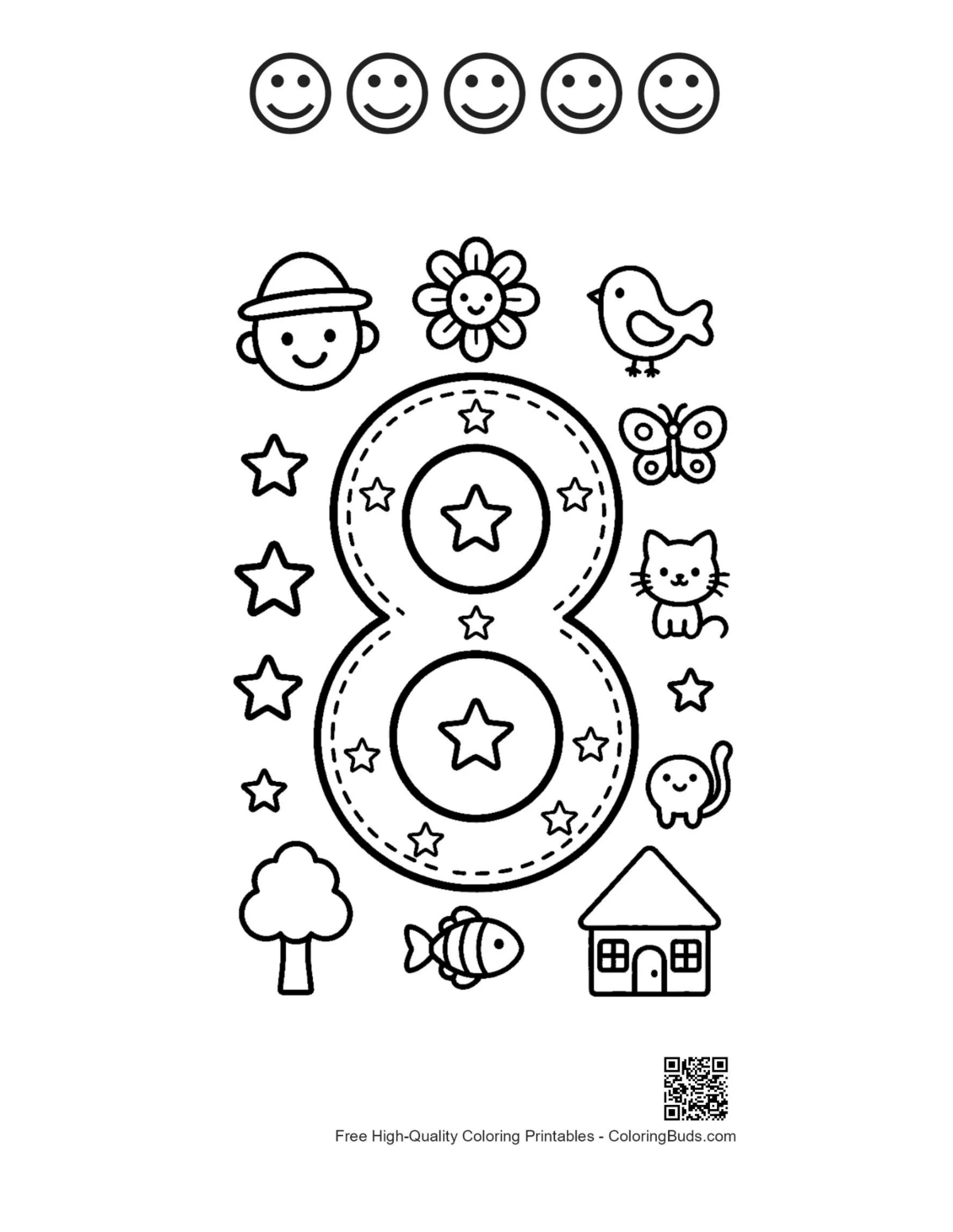 Number 8 sun scene happy faces coloring printable