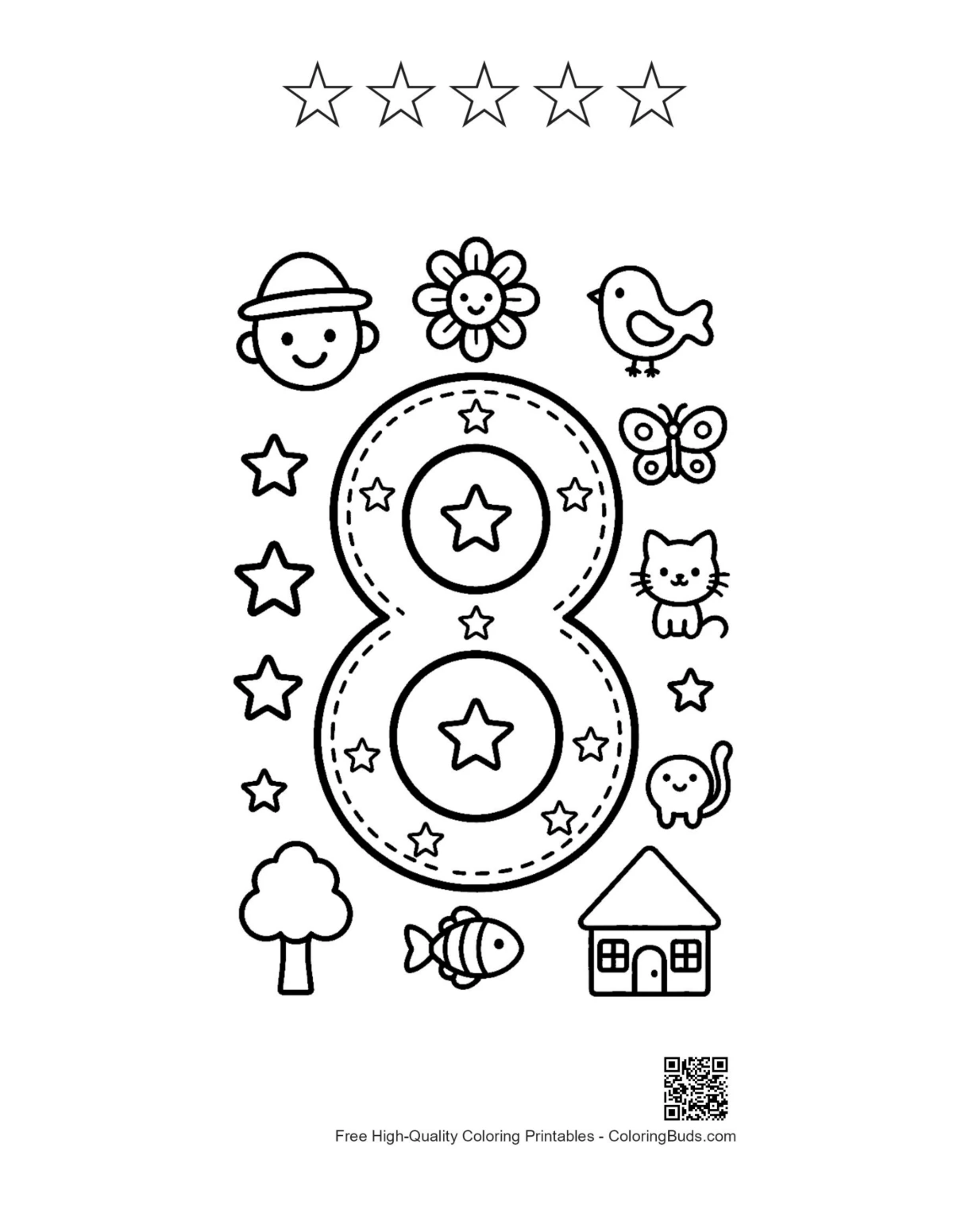 Number 8 coloring page sun outdoor stars printable