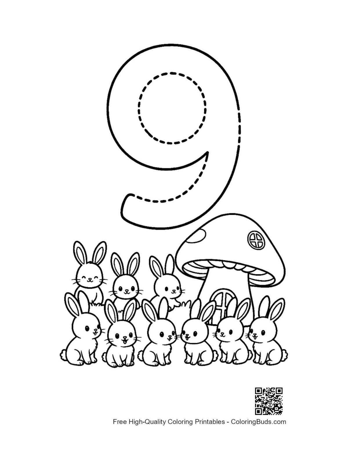Cute rabbit mushroom number 9 tracing printable sheet