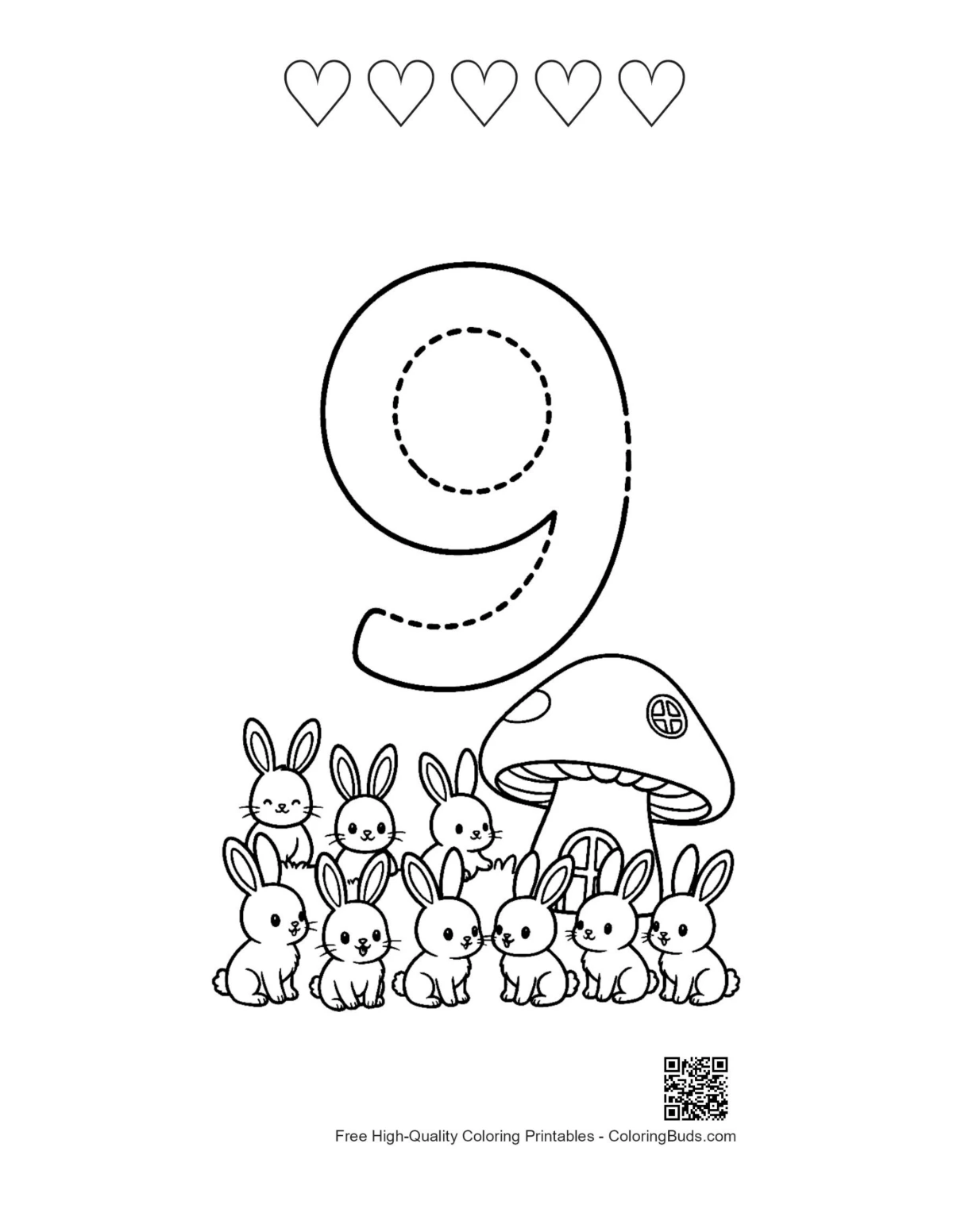 Rabbit mushroom number 9 tracing with heart outlines