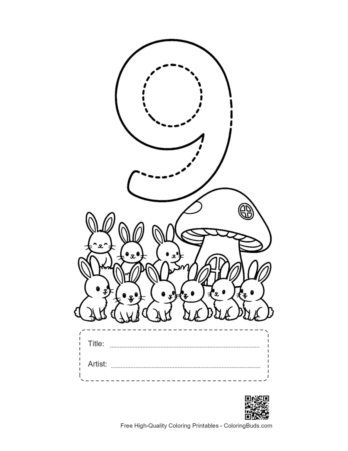 Rabbit mushroom number 9 tracing printable with title box