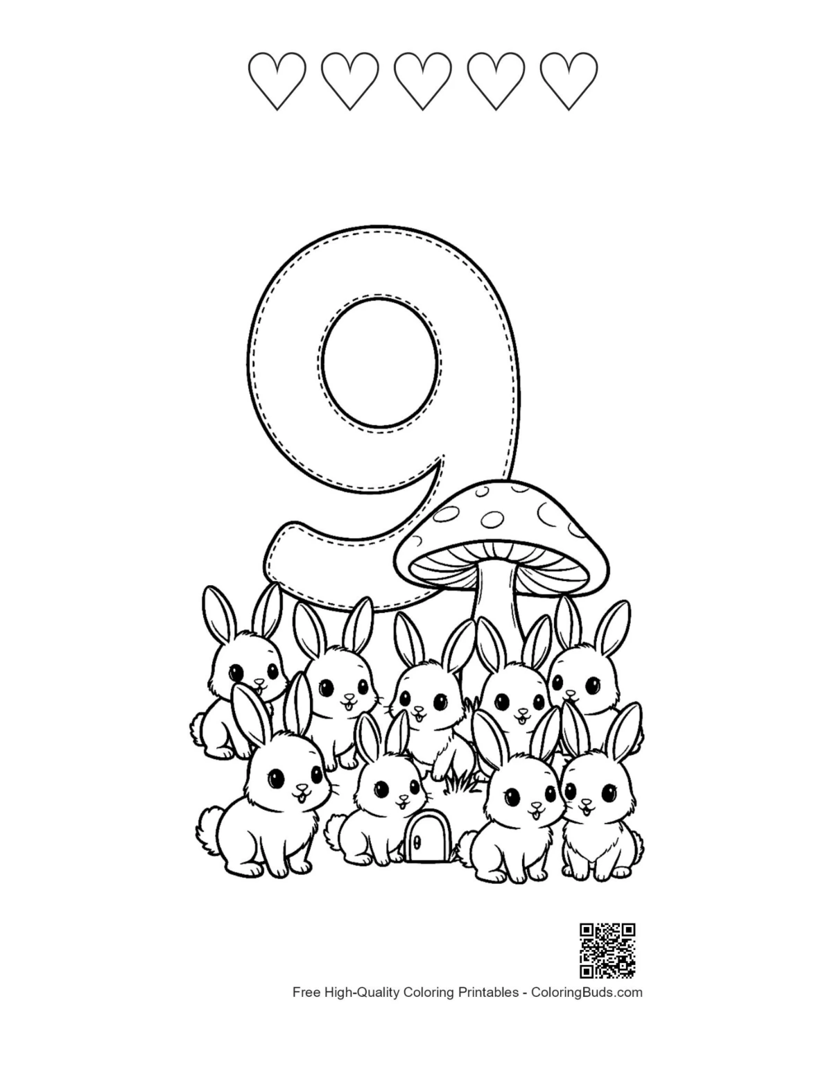 Woodland 9 coloring with animals and heart outlines