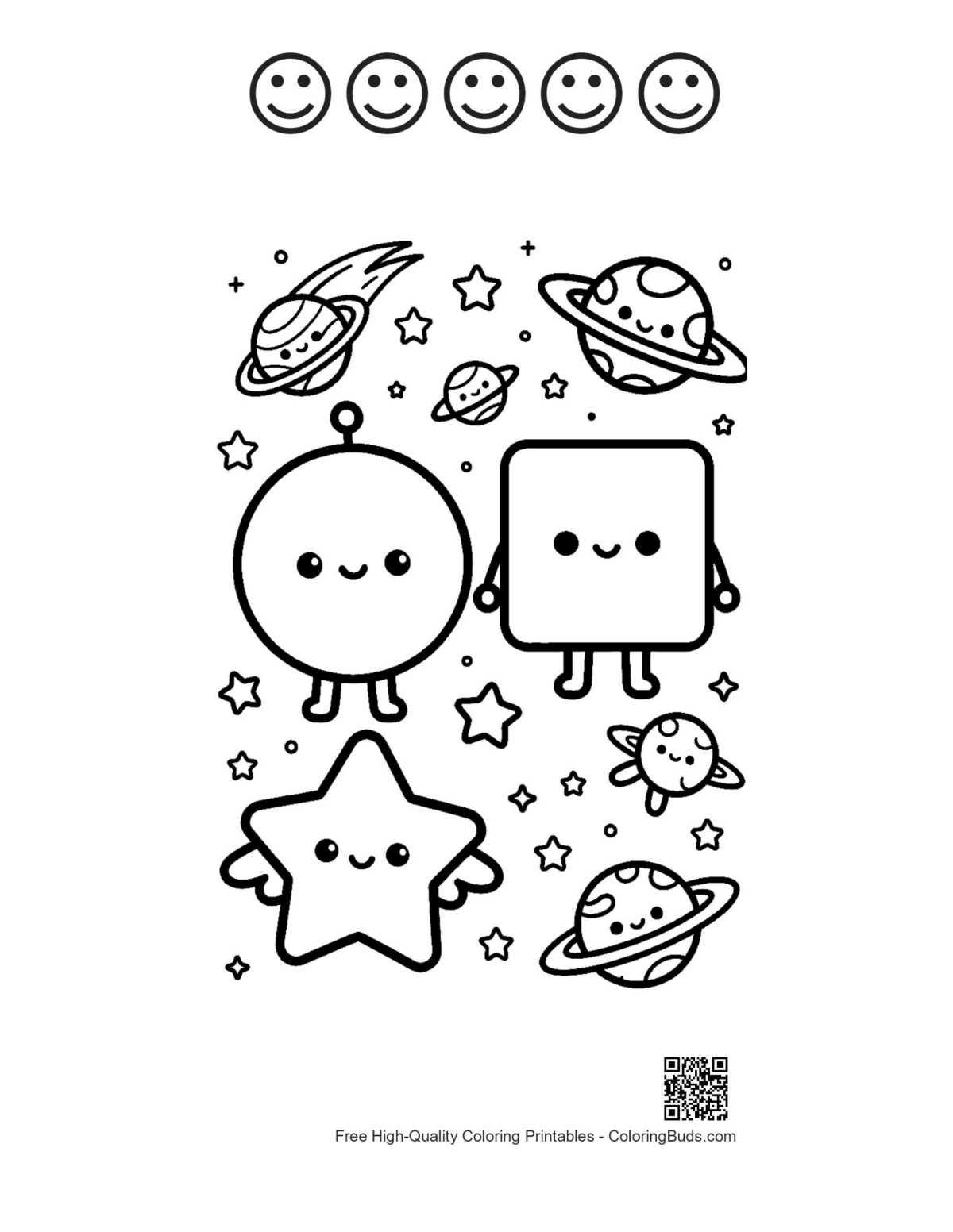 Astronaut coloring with 5 happy faces outlines