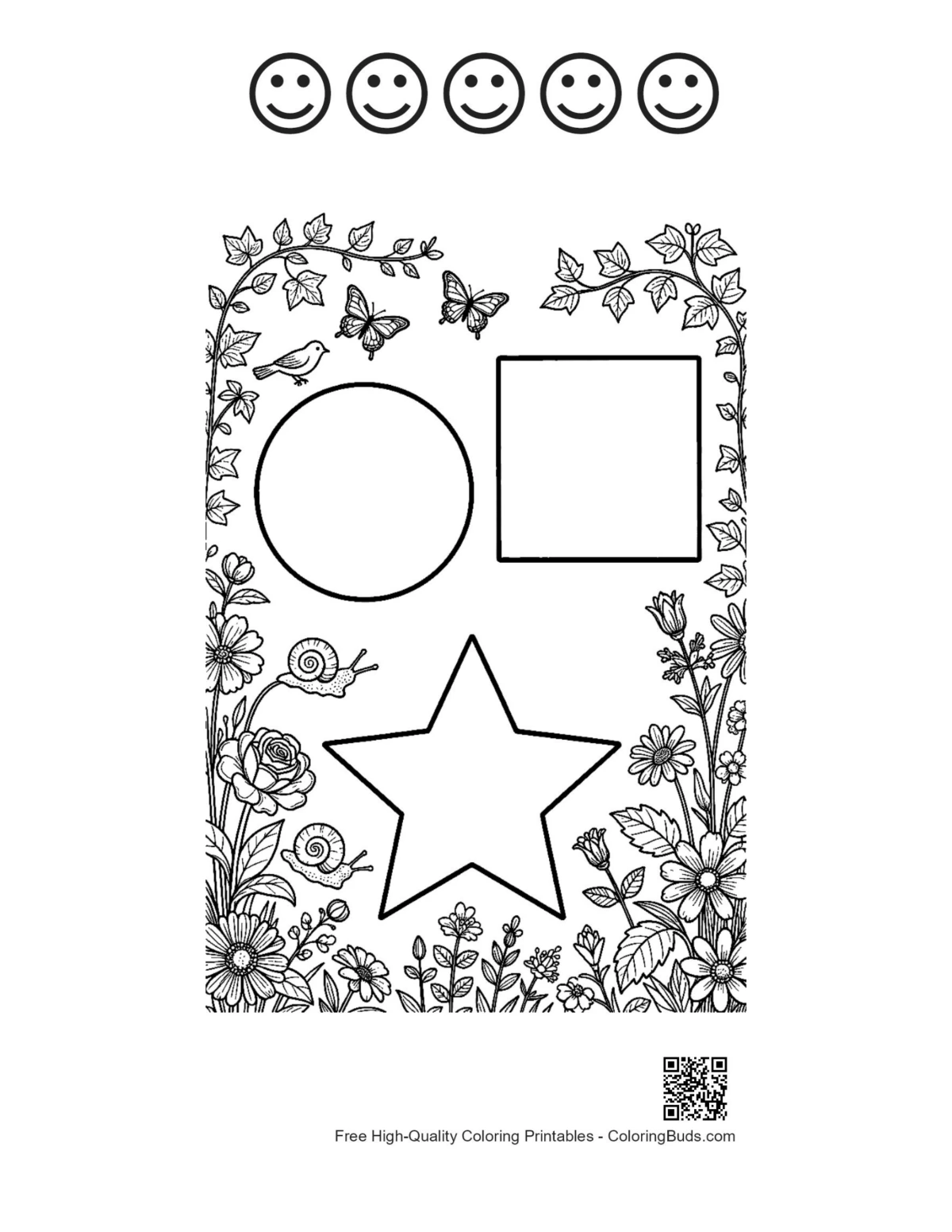 Geometry page stars circles squares with 5 happy faces