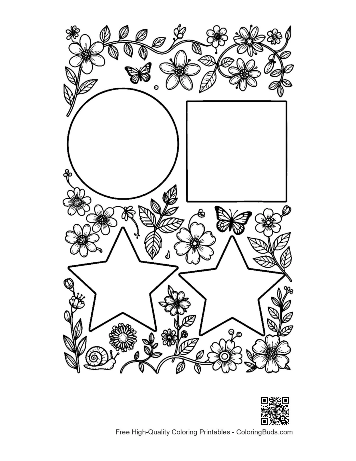 Circle square star floral garden frame coloring printable