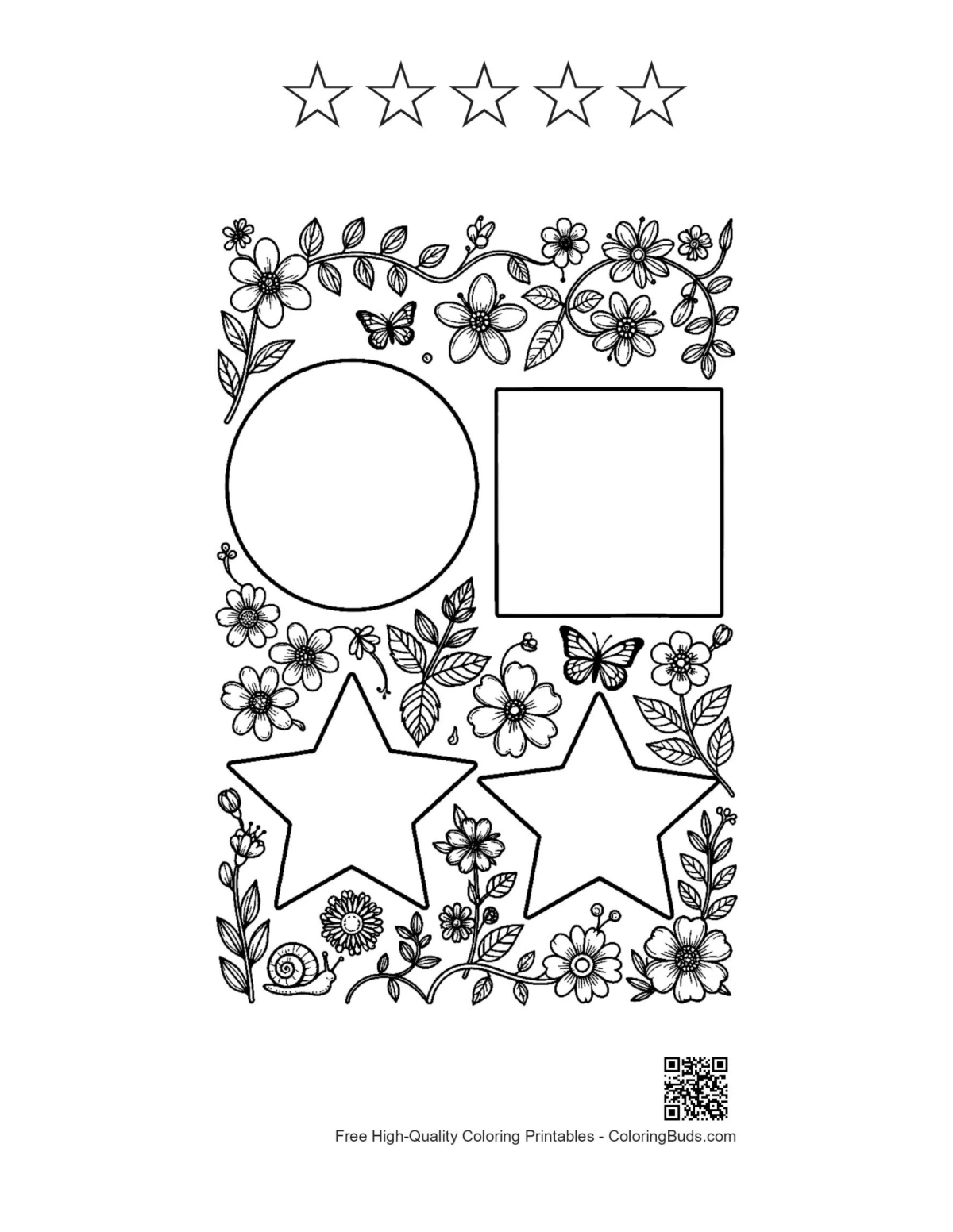 Circle square star floral coloring with 5 star outlines
