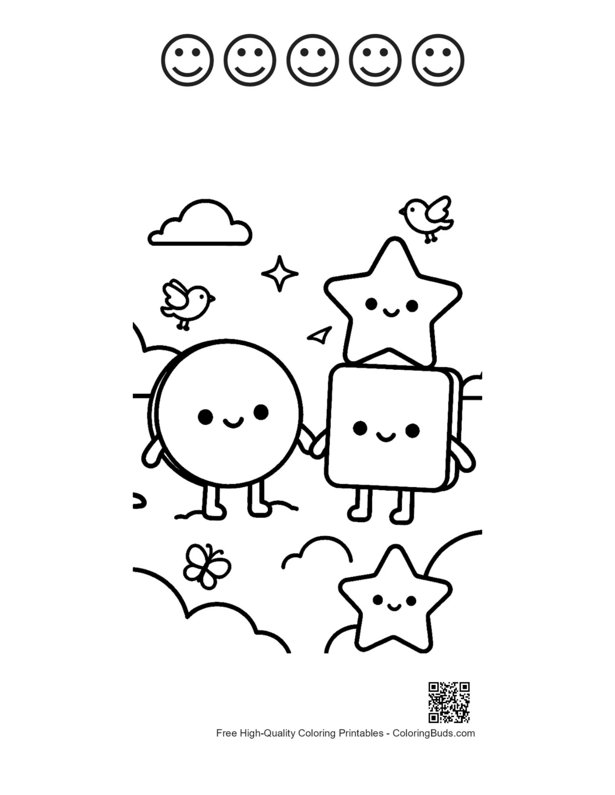 Cloud shapes coloring with 5 happy faces printable