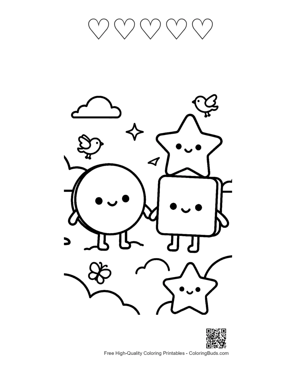 Cloud shapes page with 5 heart outlines printable