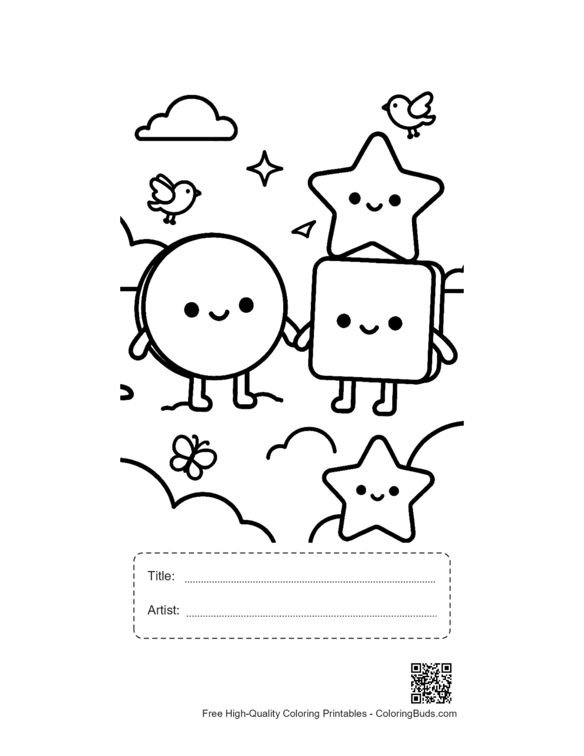 Cloud shapes coloring page printable with title artist box