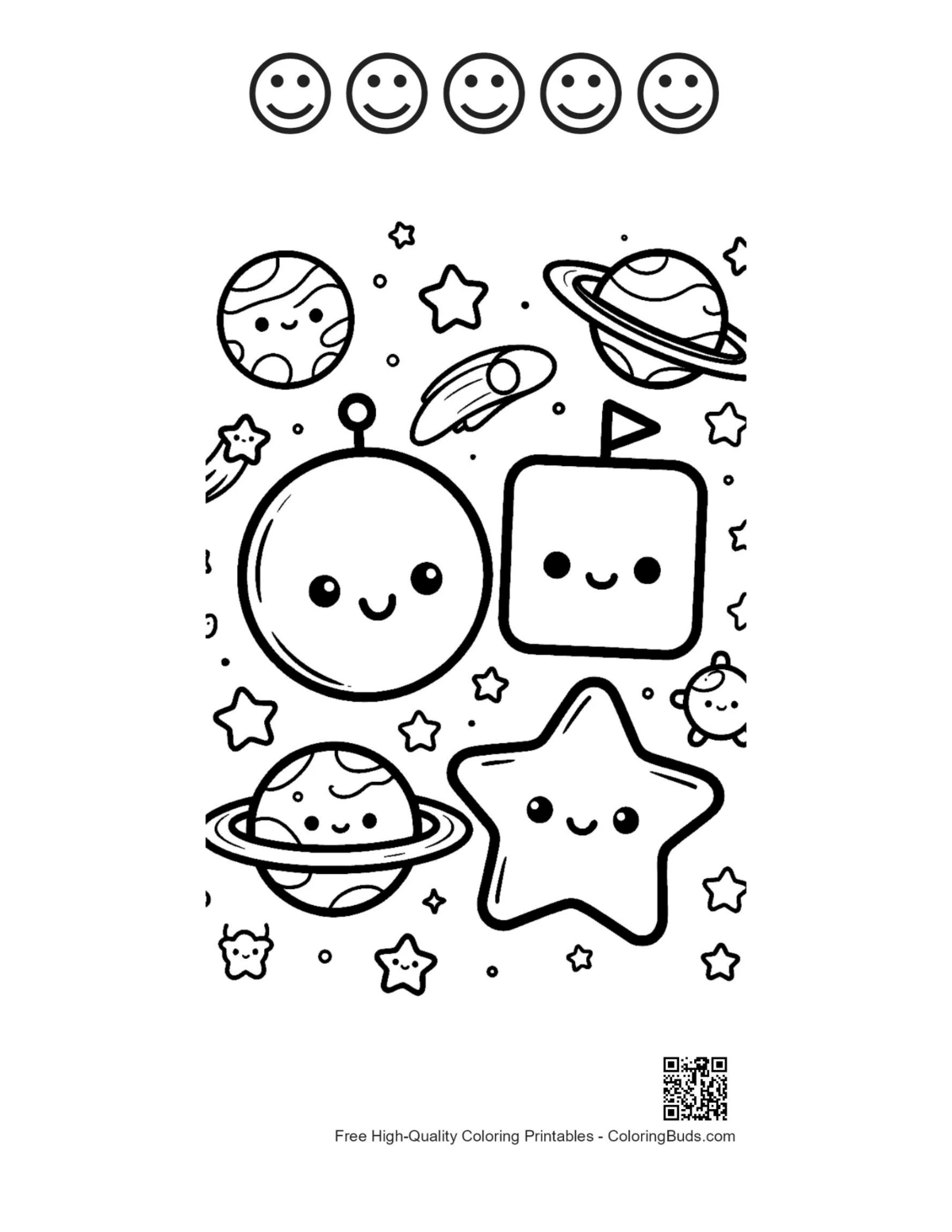 Cute circle square star printable with 5 happy faces