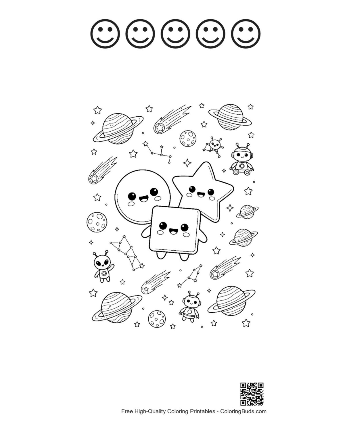 Cute shapes sheet with 5 happy faces printable