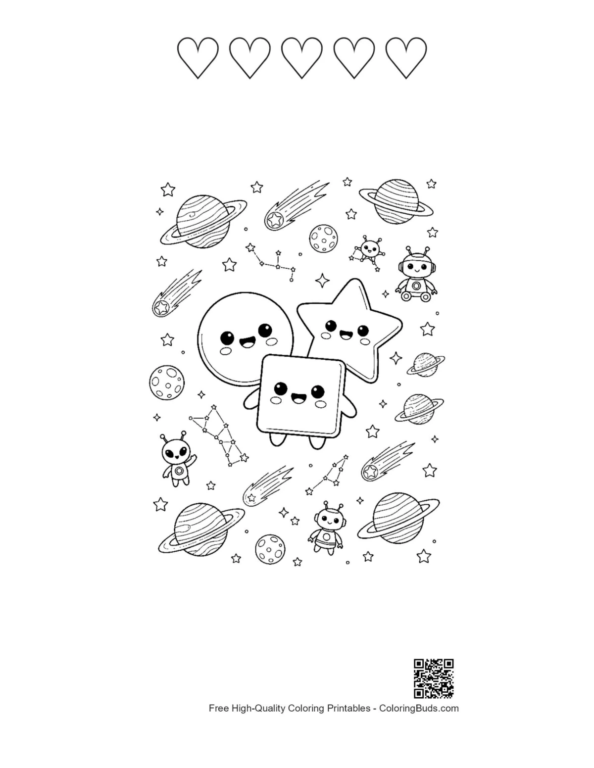 Cute circle square star with 5 hearts printable