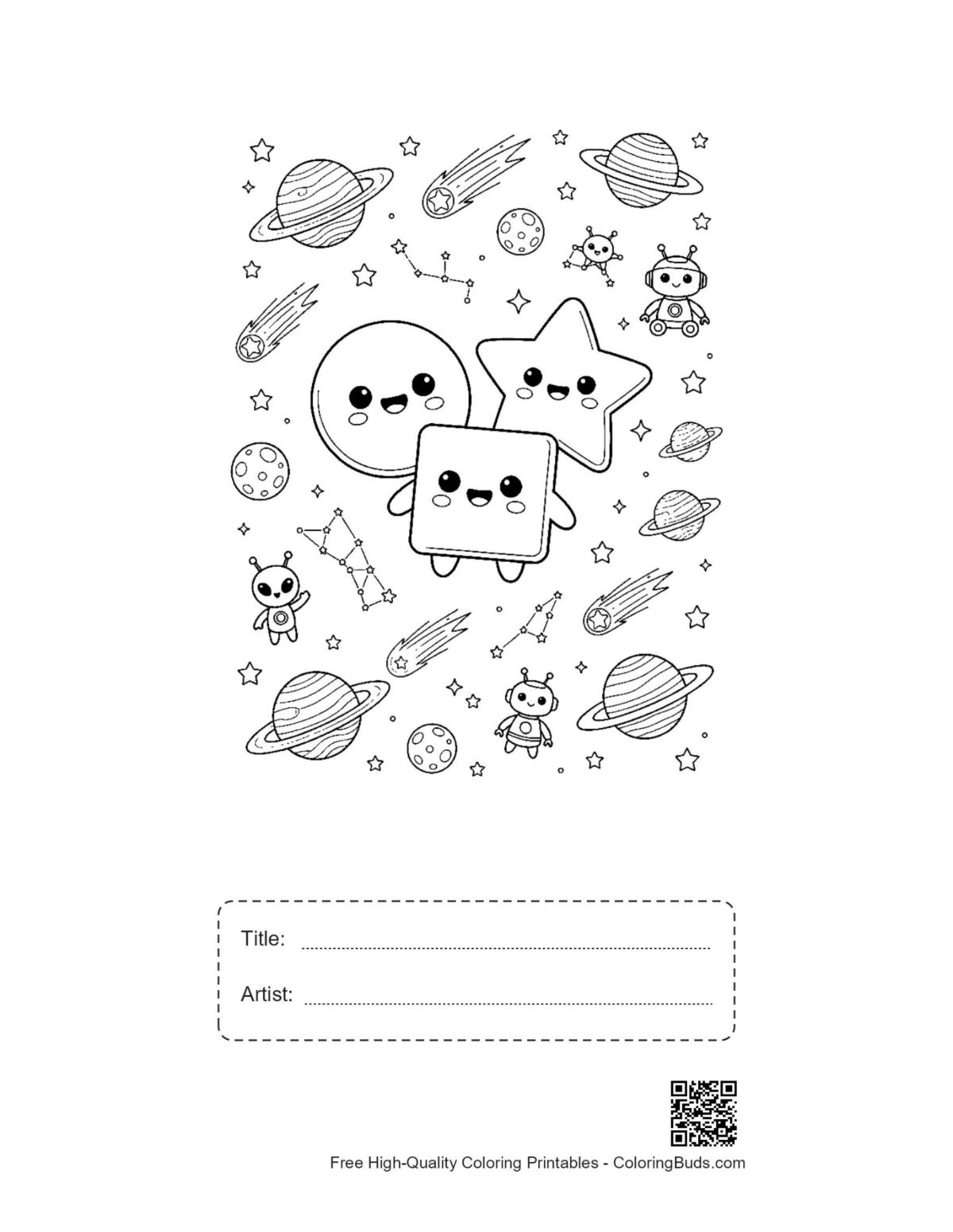 Cute shapes coloring sheet with title artist box