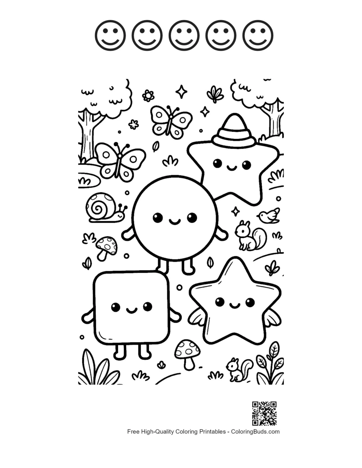 Cute shapes and happy faces printable page