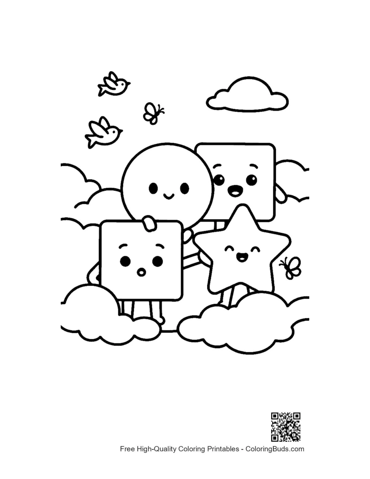 Cute circle square star shapes on clouds coloring printable