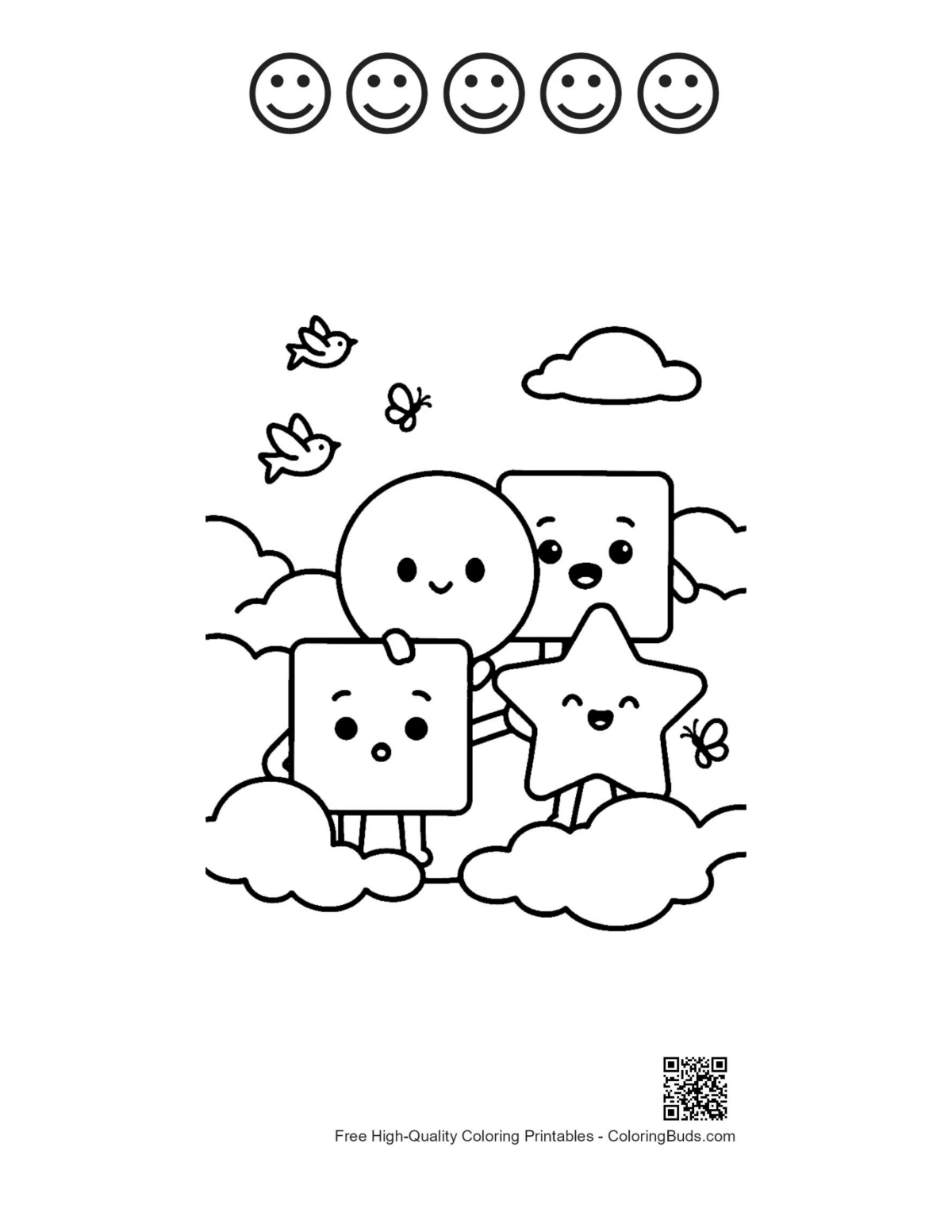Cute shapes on clouds with 5 happy faces outlines coloring sheet