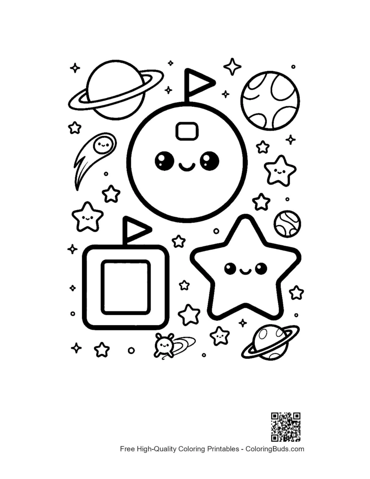 Cute circle square star space shapes coloring printable