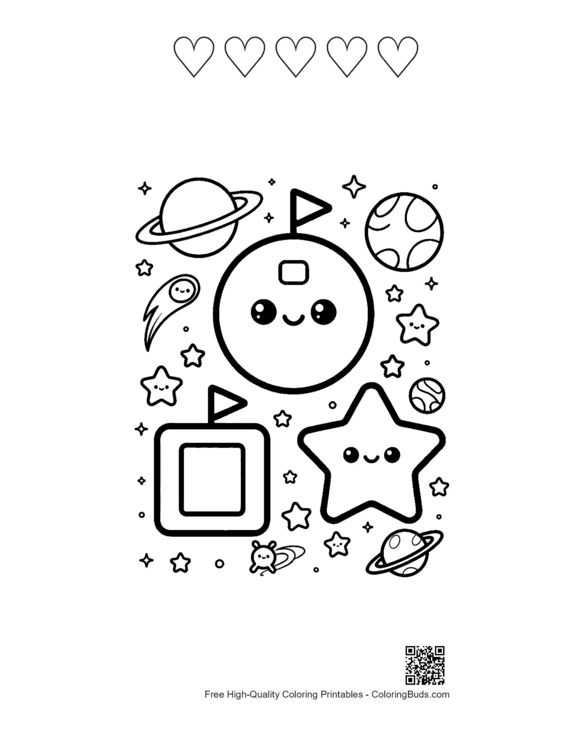 Cute cosmic shapes with 5 heart outlines coloring page