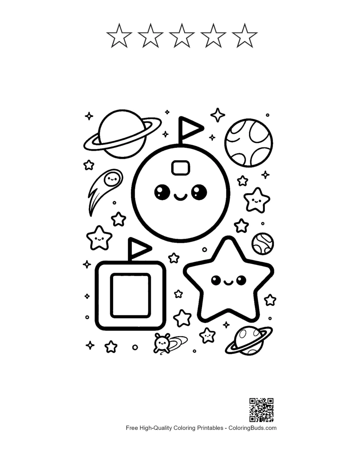 Cute space shapes with 5 star outline printable coloring