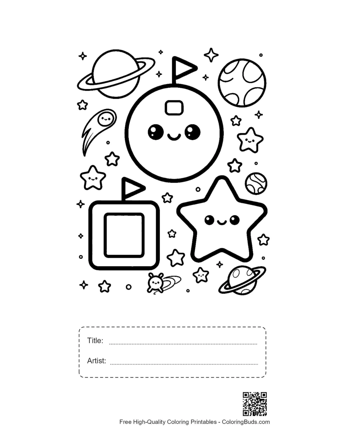 Space shapes printable with title artist box coloring page