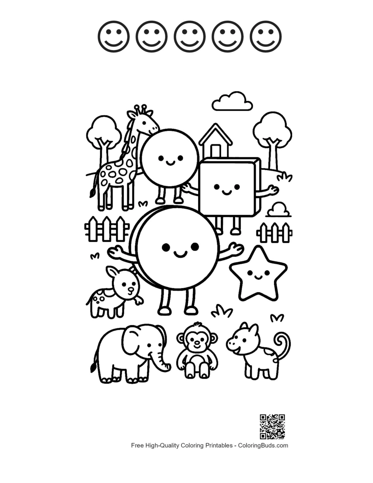 Circle square star printable with happy faces outlines