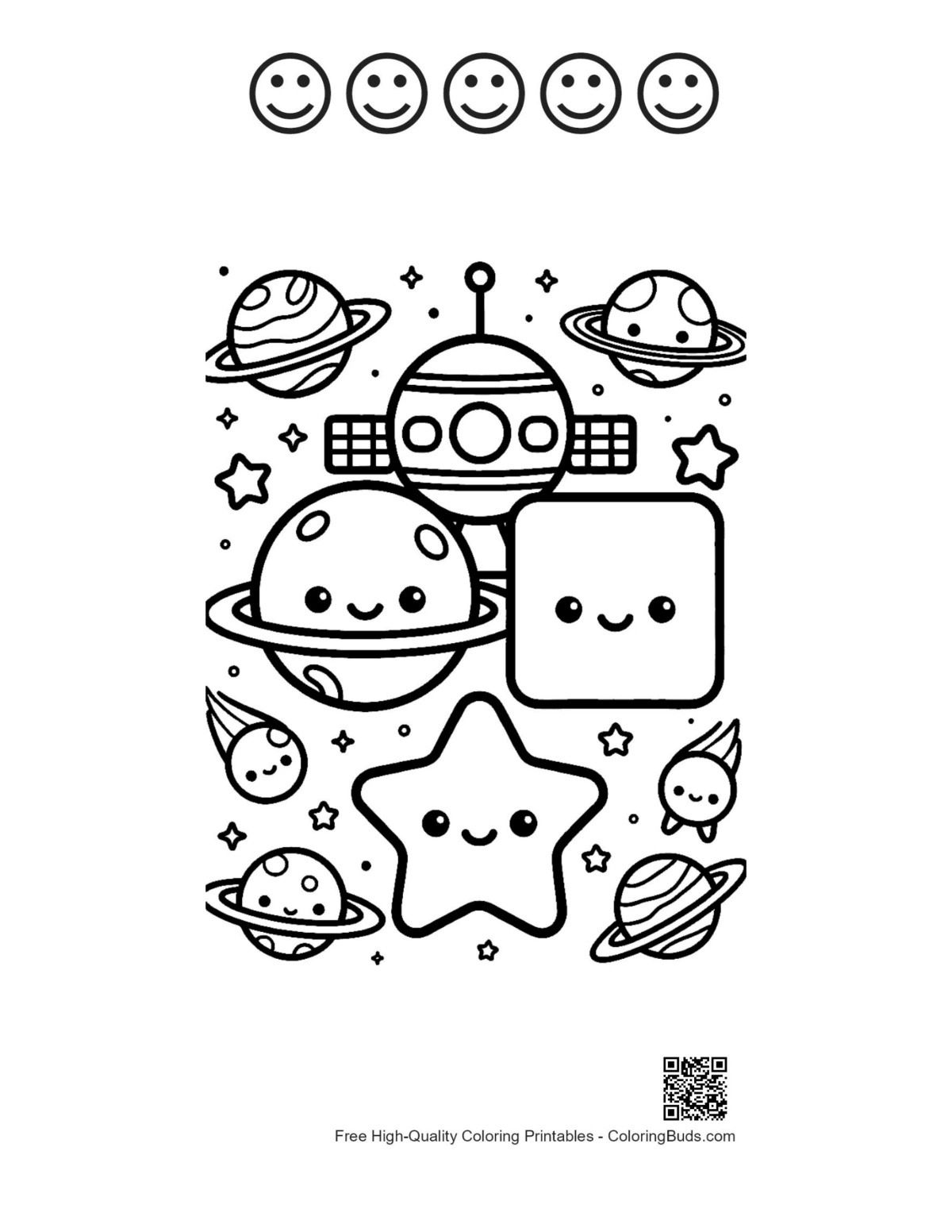 Galaxy coloring page with 5 happy faces