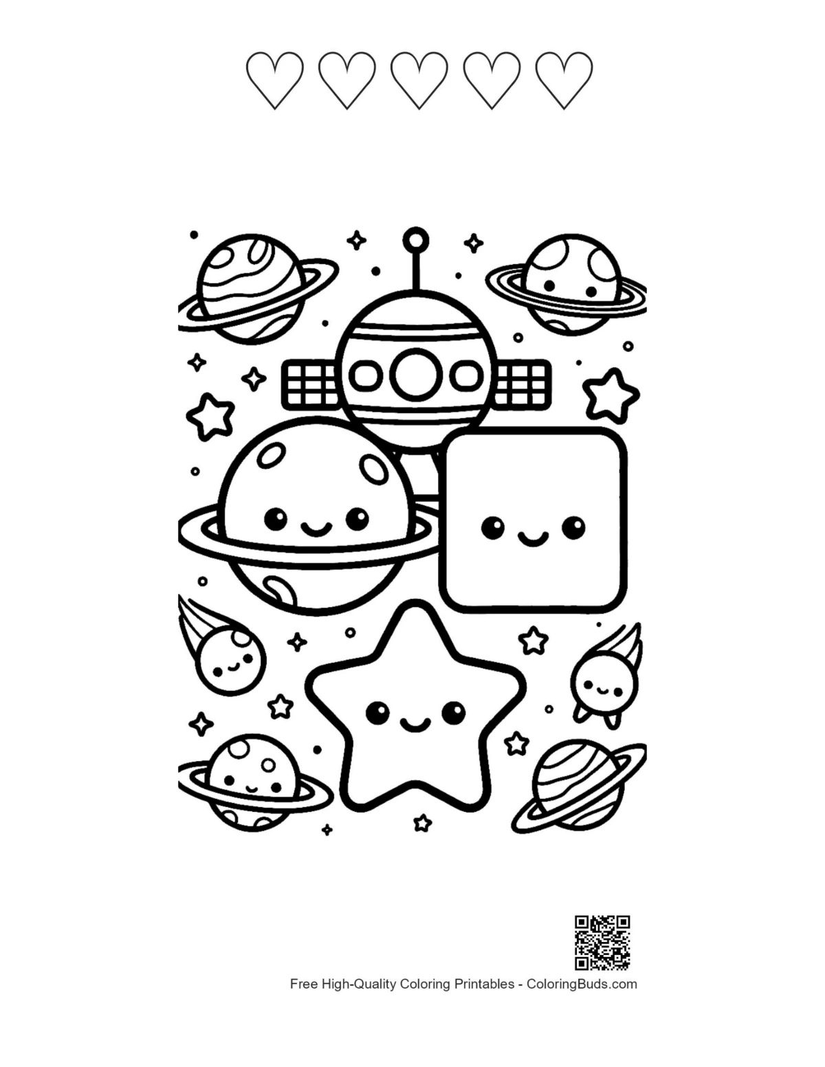 Galaxy shapes printable with 5 hearts